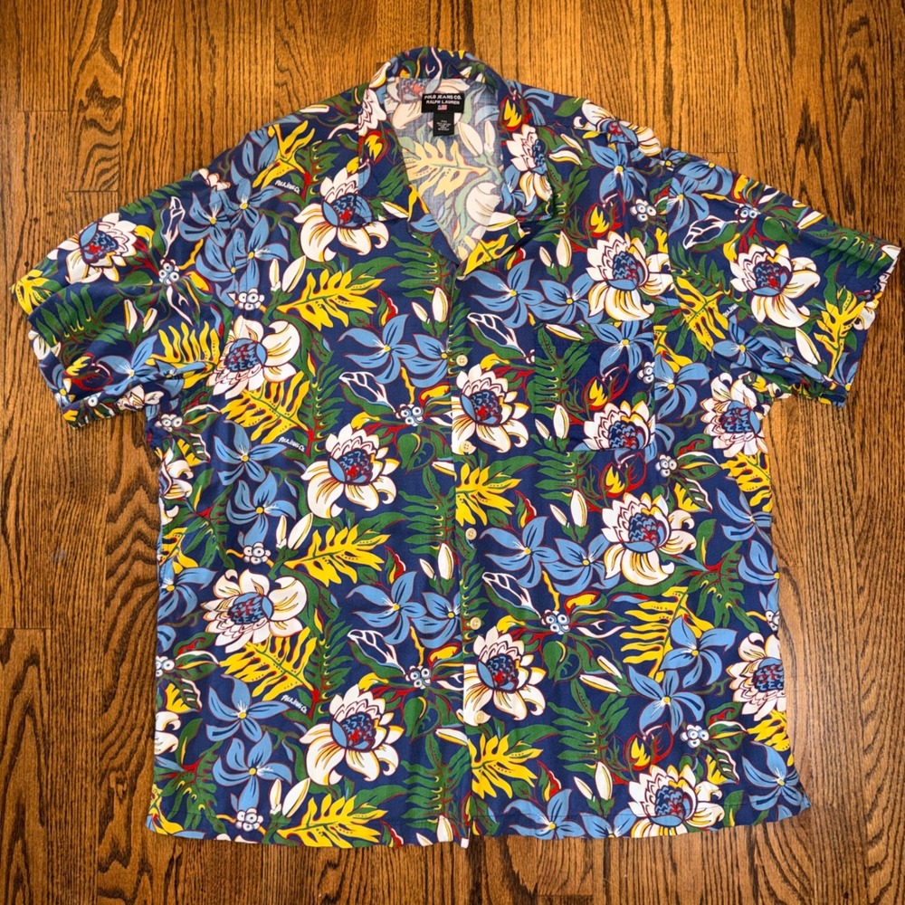 Polo Jeans Co Ralph Lauren Floral Hawaiian Shirt Vintage 90s Rayon XXL Blue